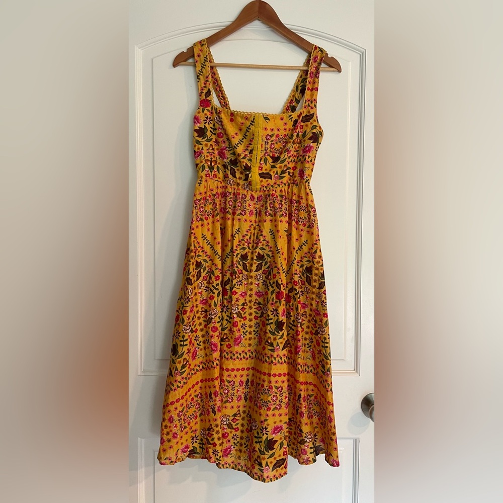 Olivaceous Yellow Floral Cotton Sun Dress with Pink & Green Accents